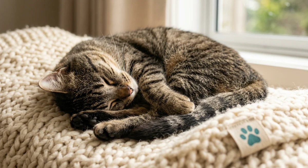 Peaceful close-up of a rescue cat resting comfortably on a blanket in a quiet home