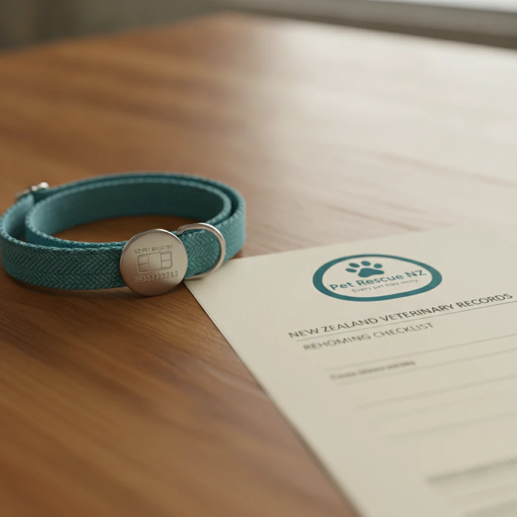 Pet registration paperwork and microchip tag on a wooden table