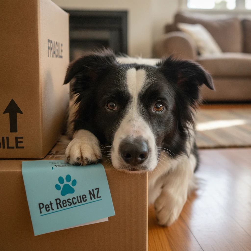 Sad border collie resting head next to moving boxes