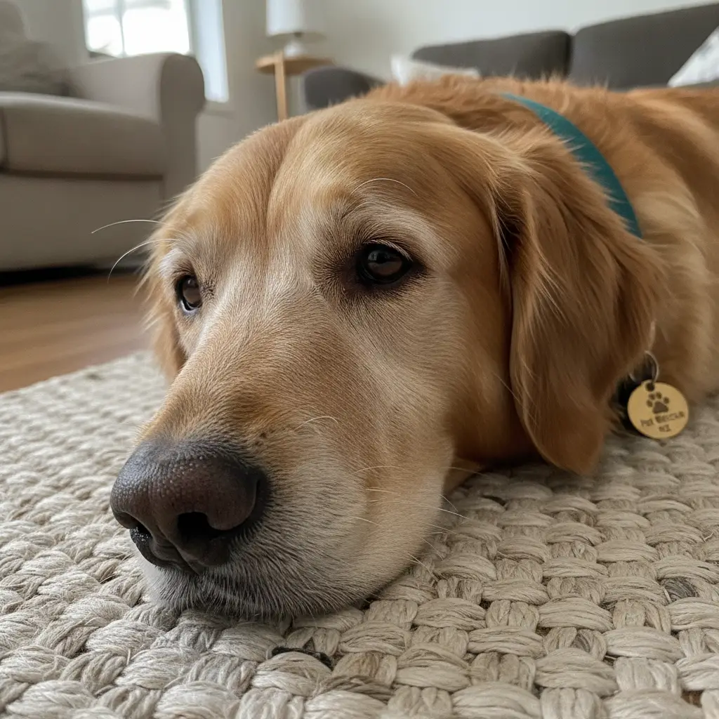 Senior Golden Retriever resting peacefully on a home rug during the rehoming process
