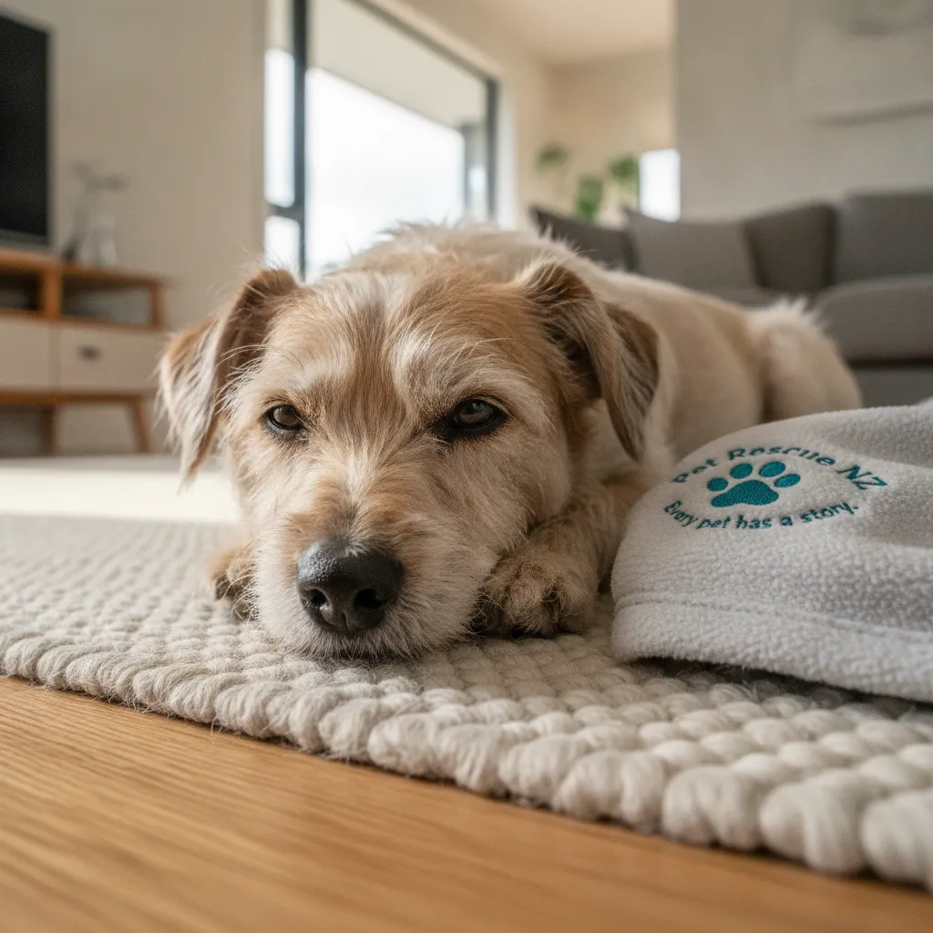 Small terrier mix resting safely at home during the peer-to-peer rehoming process in NZ